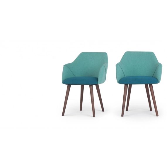 Lule, lot de 2 chaises à accoudoirs, tissus bleu minéral et vert émeraude et pieds en noyer