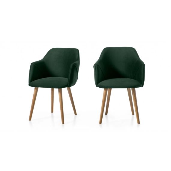 Lule, lot de 2 chaises à accoudoirs, velours vert sapin et pieds en chêne