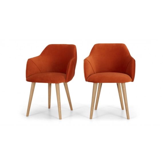 Lule, lot de 2 chaises à accoudoirs, velours orange flamme et pieds en chêne