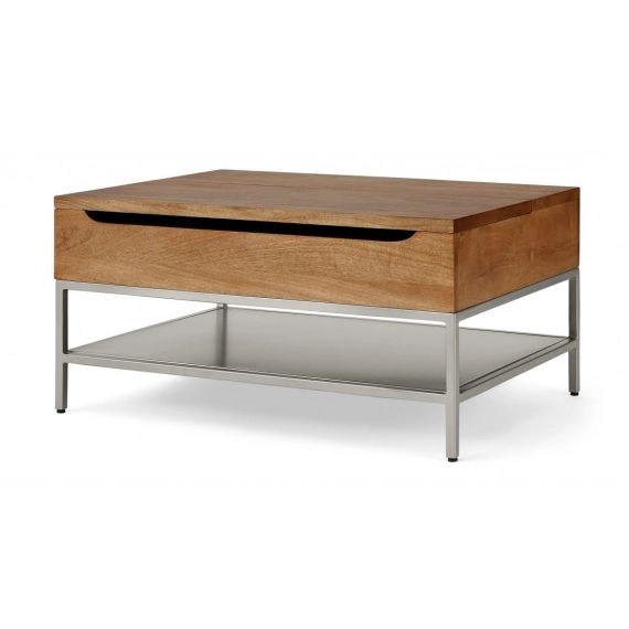 Lomond, table basse avec plateau relevable et compartiment de rangement, bois de manguier miel et métal brossé