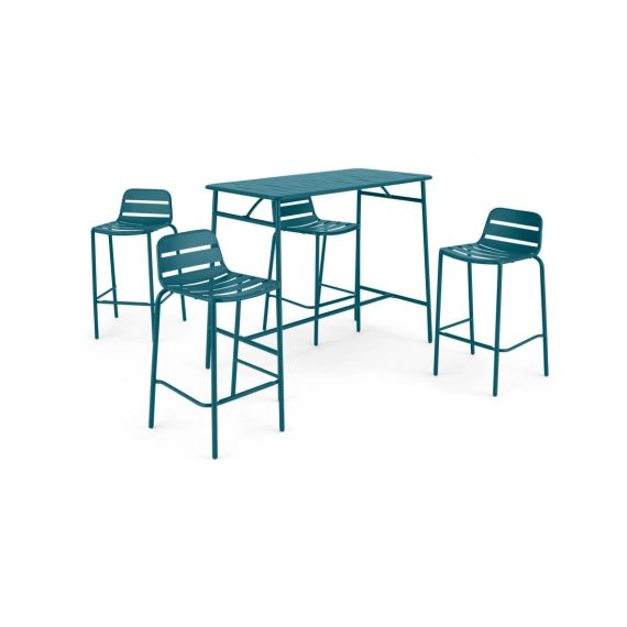 Made Essentials – Tice, table bar et 4 chaises bar d’extérieur, bleu canard