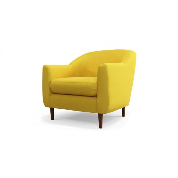 Custom MADE Tubby, fauteuil, jaune rétro et pieds en bois foncé
