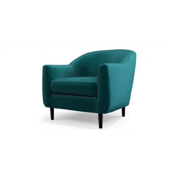 Custom MADE Tubby, fauteuil, velours bleu canard et pieds en bois noir