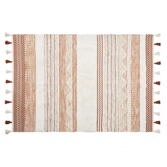 Tapis en coton et laine tressée multicolore à pompons 160×230