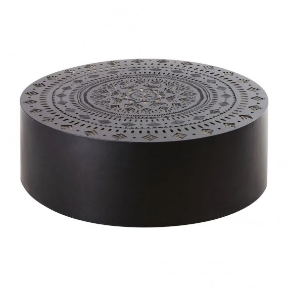 Table basse ronde en métal noir motifs ajourés Mayana