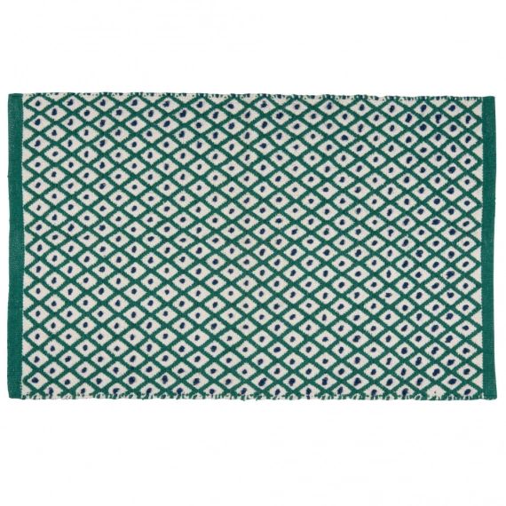 Tapis en coton écru motifs graphiques verts et bleus 60×90