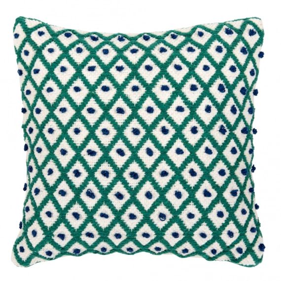 Housse de coussin en coton écru motifs graphiques verts et bleus 40×40
