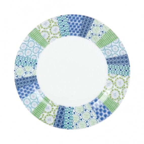 Assiette à dessert en porcelaine blanche motifs graphiques bleu et vert
