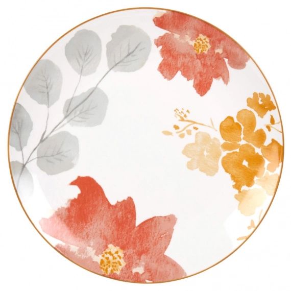 Assiette plate en porcelaine imprimé motif floral jaune, rose et gris