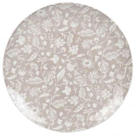 Assiette plate en porcelaine blanche et taupe motif floral