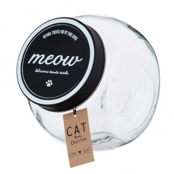Bocal à friandises pour chat en verre et métal