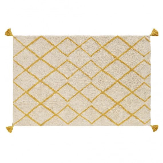 Tapis berbère en coton écru motifs graphiques jaune moutarde 120×180