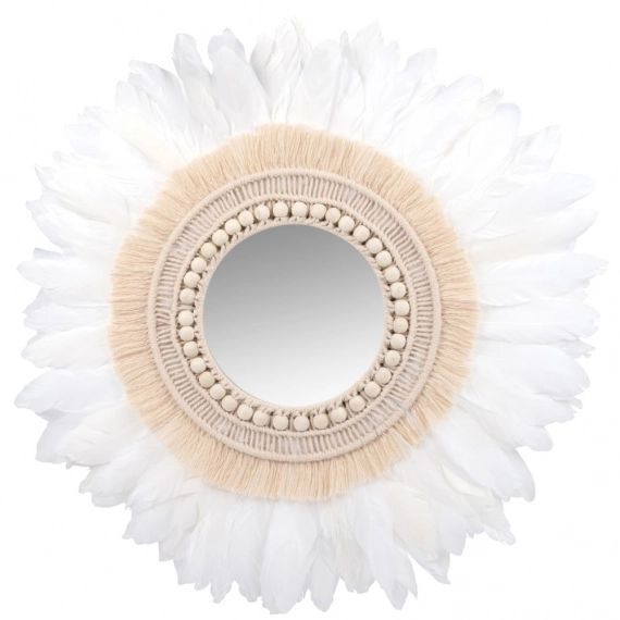 Miroir rond en coton et plumes blanches D60
