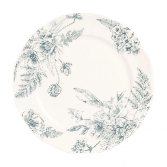 Assiette à dessert en grès blanc motif floral bleu clair