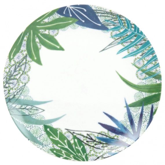 Assiette plate en porcelaine blanche imprimé feuille bleu et vert