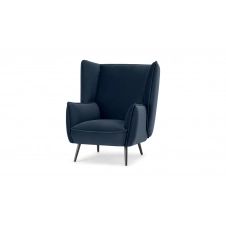 Linden, fauteuil, velours bleu saphir et pieds en métal noir