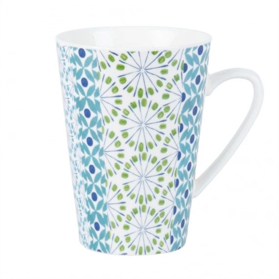Mug en porcelaine blanche motifs graphiques bleu et vert