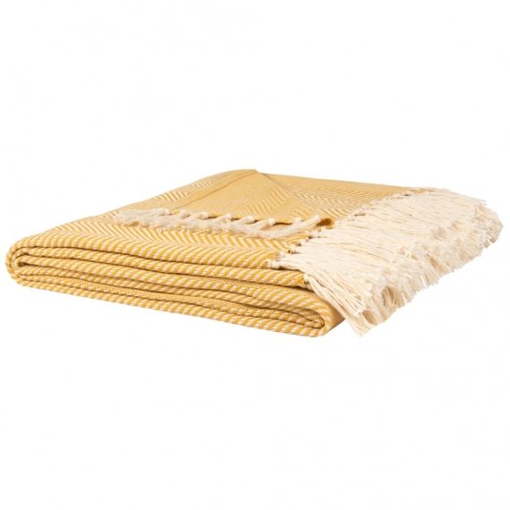 Plaid en coton et bambou jaune et écru à franges 160×210