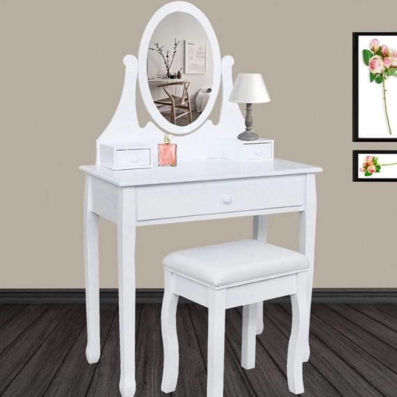 Coiffeuse table de maquillage en bois blanc avec miroir et tabouret