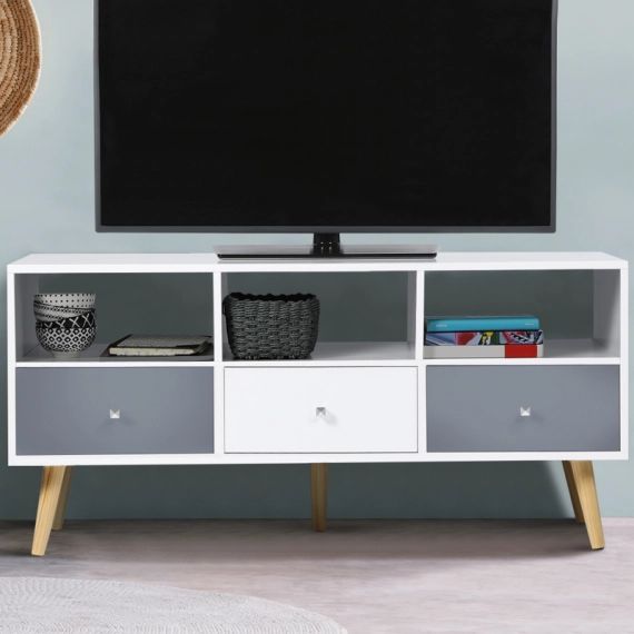 Meuble TV Effie scandinave 3 tiroirs bois blanc et gris