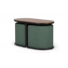 Marade, ensemble table basse compacte + 2 poufs, vert baie et noyer