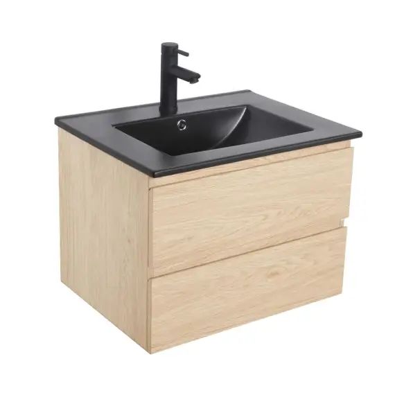 Meuble simple vasque 60cm  Décor chêne + vasque noire