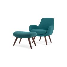 Moby, fauteuil et repose-pieds, tissu bleu minéral et bois teinté foncé