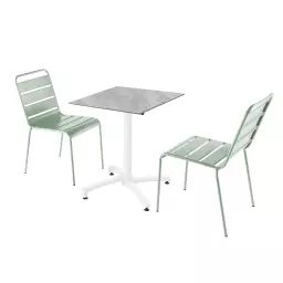 Ensemble table de jardin stratifié marbre et 2 chaises vert sauge