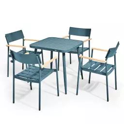 Ensemble table de jardin et 4 fauteuil en aluminium/bois bleu canard
