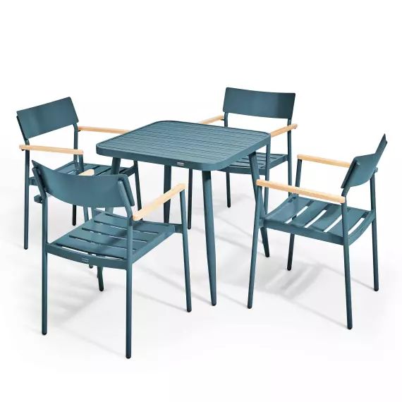 Ensemble table de jardin et 4 fauteuil en aluminium/bois bleu canard