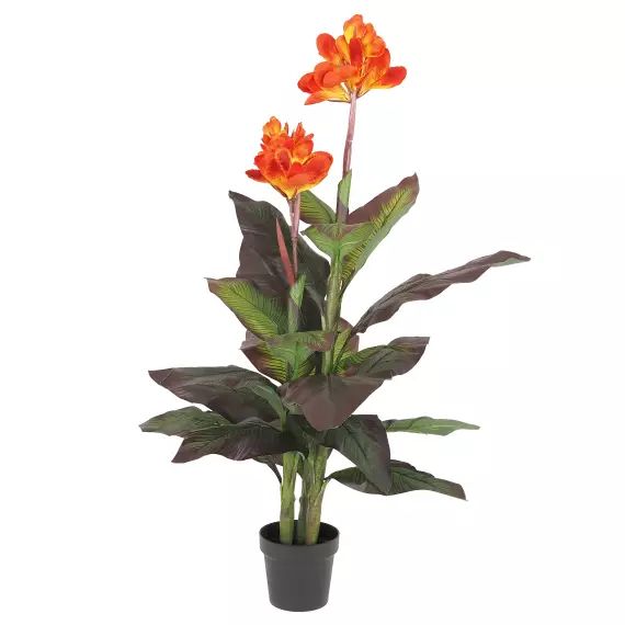 Canna artificiel 2 fleurs et 3 troncs, 120cm orange