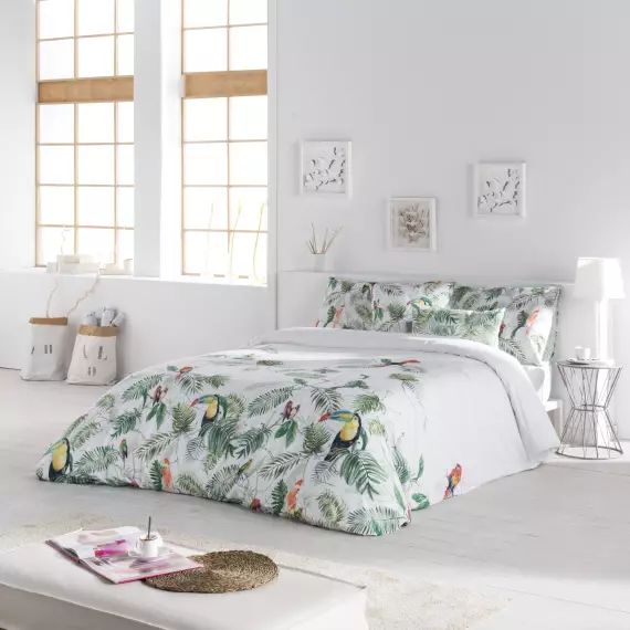 Housse de couette imprimé jungle en percale Coton Vert 220×220 cm