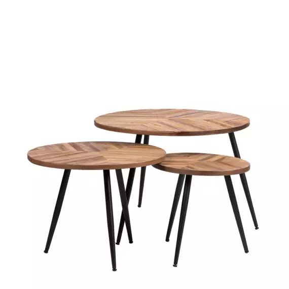 Bobokan – 3 tables basses rondes en métal et teck recyclé – Couleur – Bois clair