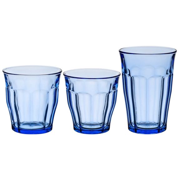Lot de 18 – Verre à eau 25,31 et 36 cl en verre résistant teinté bleu
