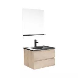 Meuble simple vasque 60cm  chêne+vasque noire+robinet+miroir rectangle