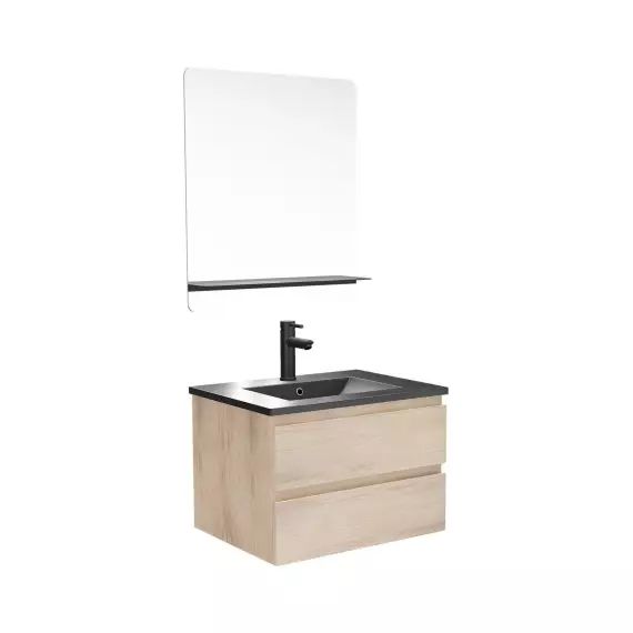 Meuble simple vasque 60cm  chêne+vasque noire+robinet+miroir rectangle