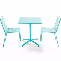 Ensemble table de jardin carrée et 2 chaises métal turquoise