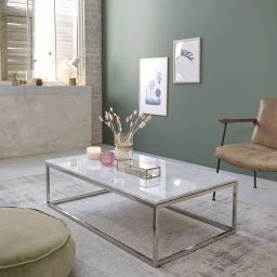 Table basse rectangulaire en marbre blanc et métal 120
