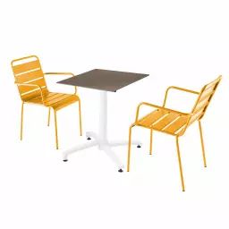 Ensemble table de jardin stratifié taupe et 2 fauteuils jaune