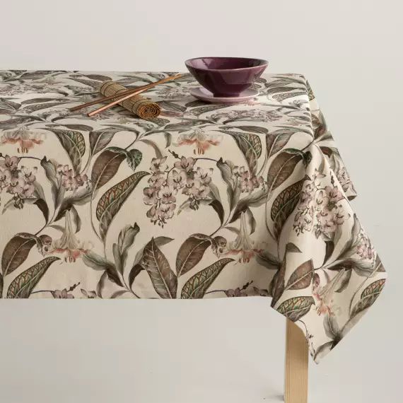 Nappe en lin antitâche imprimée floral brun 140×140 cm