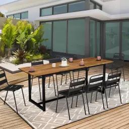 Salon de jardin extensible SOHO 8/10 places  acier + acacia table 160/200 cm et 8 chaises empilables noires
