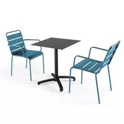 Ensemble table de jardin stratifié noir et 2 fauteuils bleu pacific