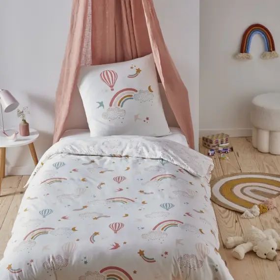 Parure de lit enfant en coton 57 fils imprimé blanc 140x200cm