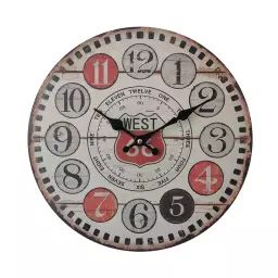 Horloge murale vintage en MDF brun, noire et rouge ø 33,8 cm