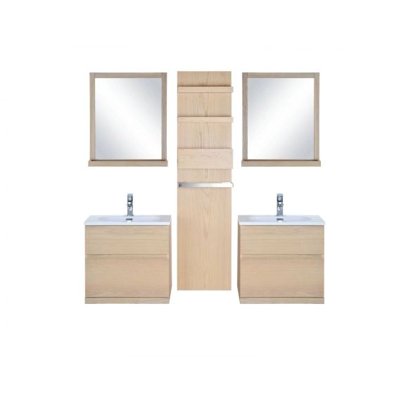 Meubles salle de bain avec vasques, miroirs, colonne effet bois clair