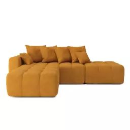 Canapé d’angle gauche convertible en tissu 5 places moutarde