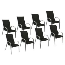 Lot de 8 chaises en textilène noir et aluminium gris