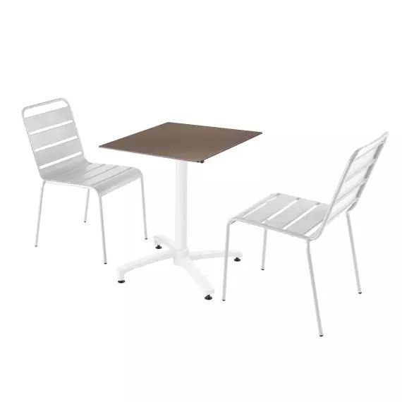 Ensemble table de jardin stratifié taupe et 2 chaises blanc