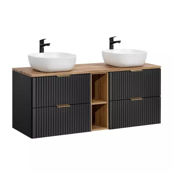 Meuble double vasque 140cm 2 niches noir et naturel