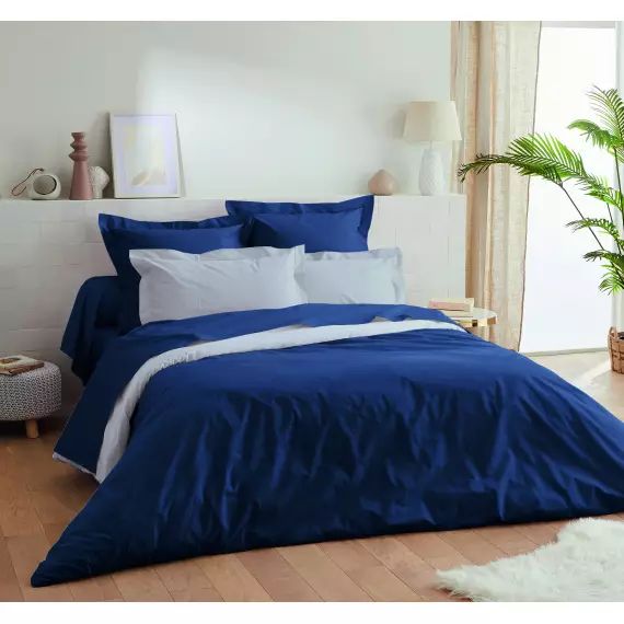 Housse de couette percale de coton 80 fils  marine gris clair 200×200